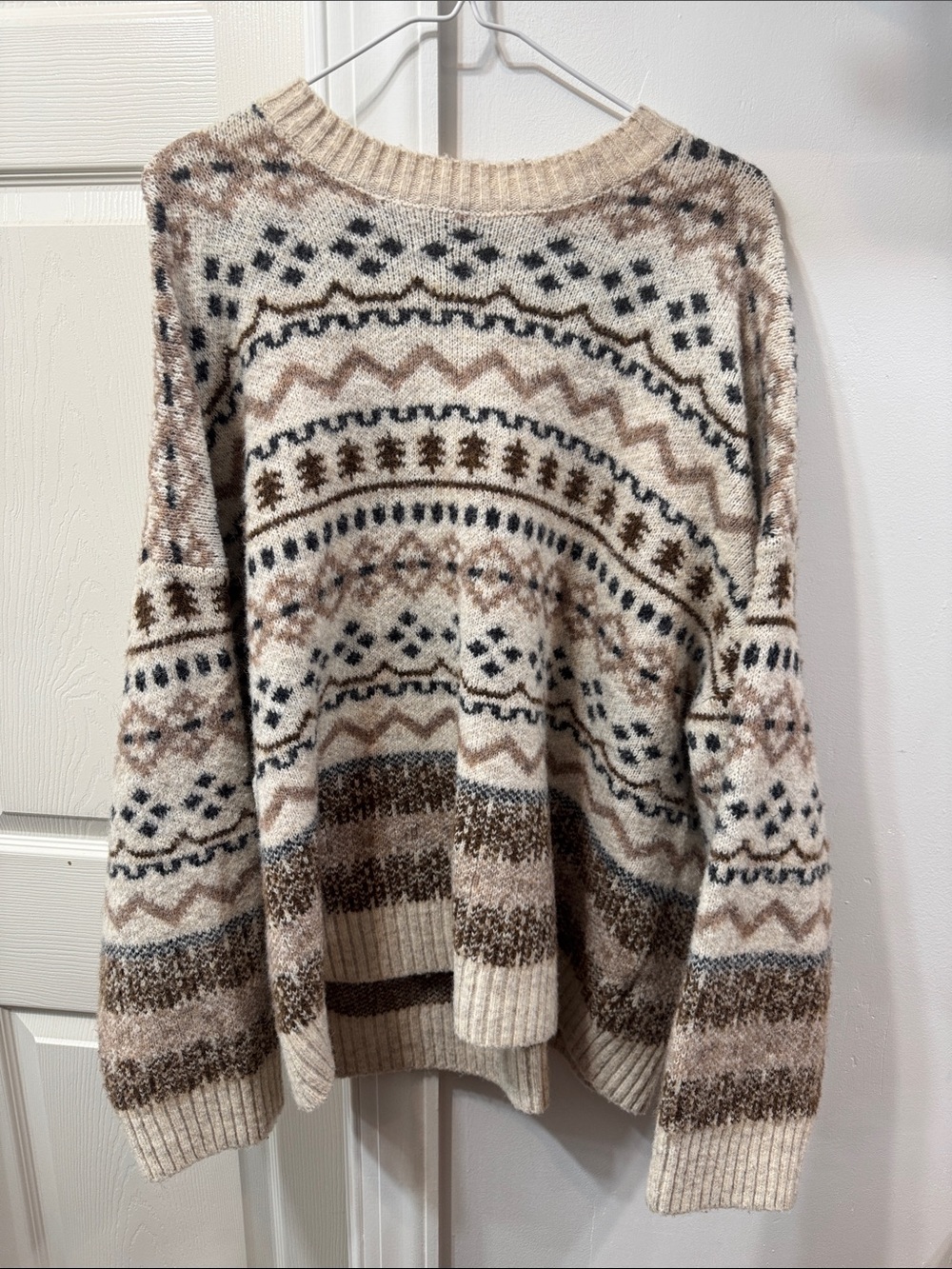 Women’s Cream Fair Isle Crewneck Sweater with Brown Accents